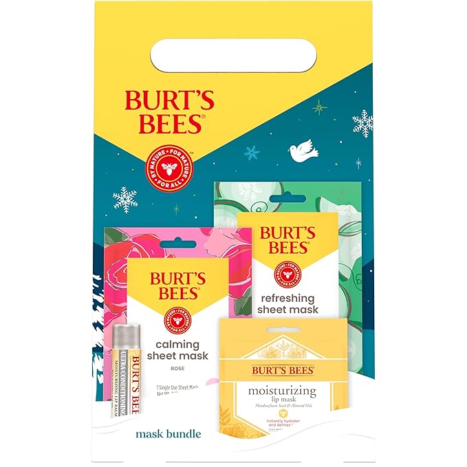 Burt’s Bees Mothers Day Gifts Set, Face Mask Bundle, Ultra Conditioning Lip Balm and Moisturizing Lip, Refreshing Sheet and Calming Sheet Masks, 1 Gift Set