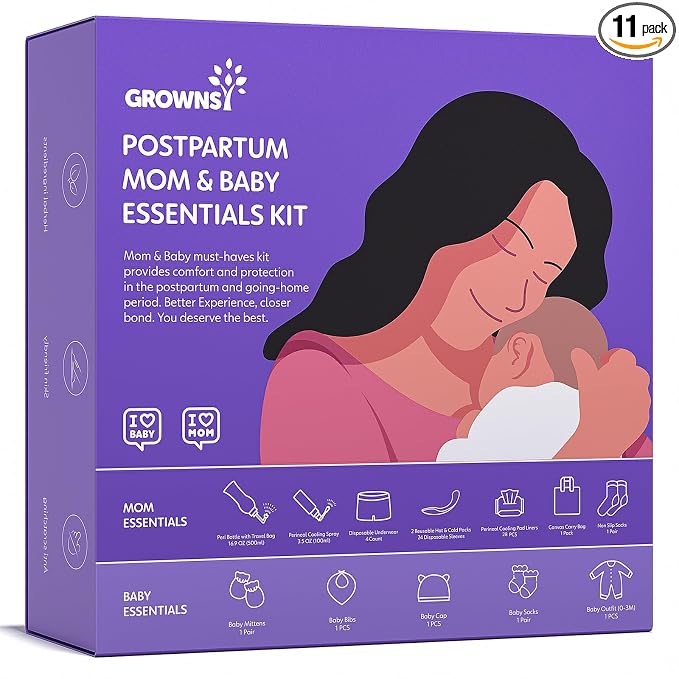 Grownsy 16pc Postpartum Essentials Recovery Kit | Postpartum Kit for Mom & Baby | Includes 4 Disposable Underwear, 2 Ice Packs, Peri Bottle, Perineal Spray, 28 Cooling Pad Liners