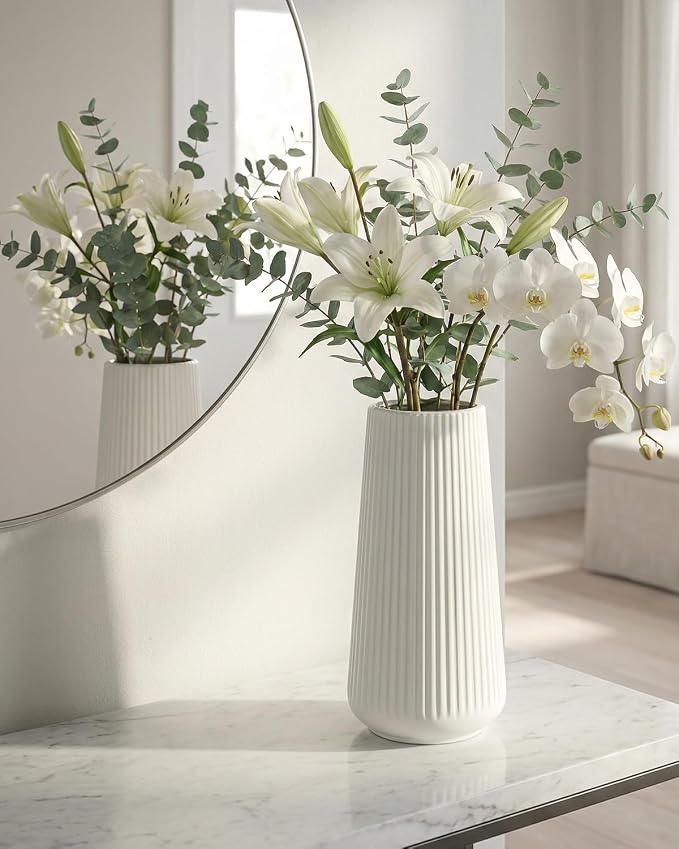 White Ceramic Vase, 8 Inch Flower Vases for Pampas Grass and Dried Flowers, Modern Vase for Living Room Table, Kitchen Shelf, Wedding Centerpiece Decor