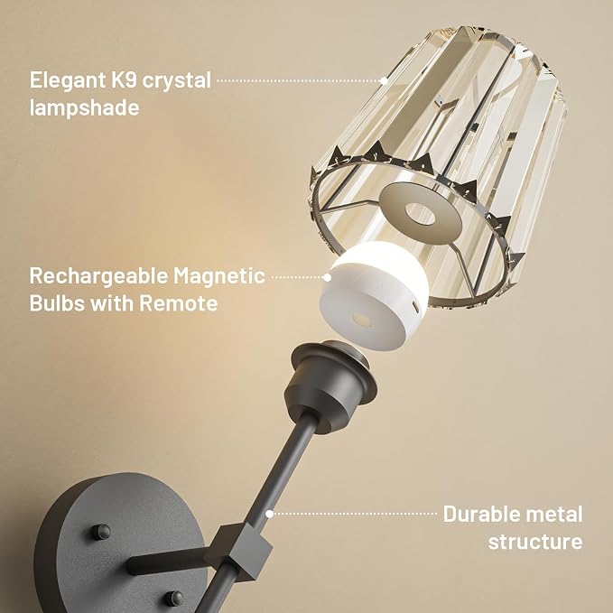 Crystal Battery Operated Wall Sconces Set of 2, Black Rechargeable Wireless Wall Sconce Lights with Crystal Lampshade, 12 RGB and 3CCT Dimmable Wall Lamps with Remote for Bedroom Living Room Hallway