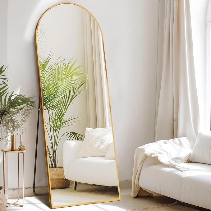 DUMOS 58"x19" Arched Full Length Mirror with Stand, Full Body Floor Mirror | Free Standing or Wall Mount, Nano Glass Aluminum Frame, Hanging or Leaning, Modern Simple Home Decor, Gold