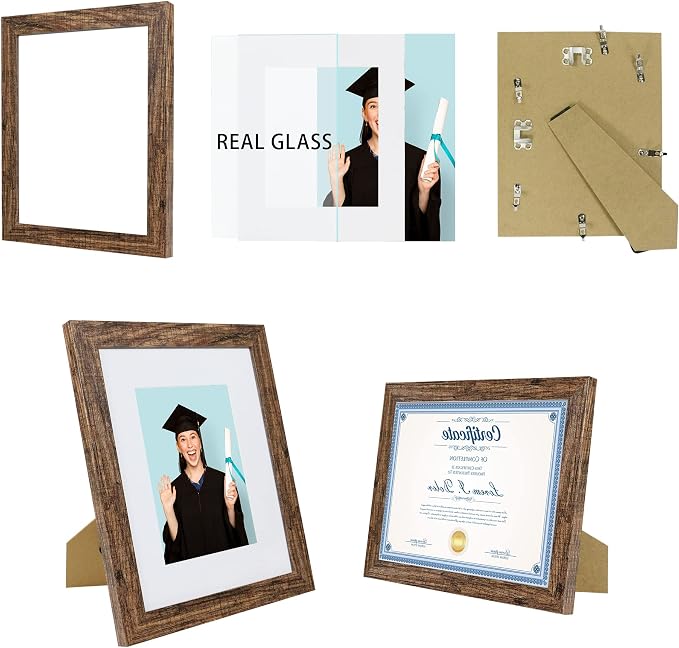 Hongkee 8.5 x 11 Picture Frame Set of 4, Made of Real Glass and Brown Certificate & Diploma Frame, 8.5 by 11 Photo for Wall or Tabletop - Display Picture 6x8 with Mat or 8.5x11 Without Mat