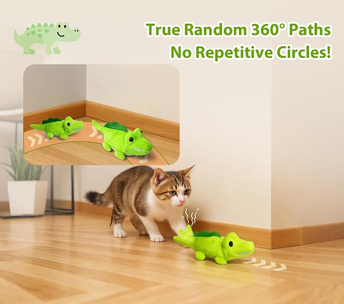 Interactive Cat Toys for Indoor Cats – Auto Moving Alligator with 360° Random Movement & Tail Wagging, Rechargeable Cat Exercise Toy with Catnip, Self-Play Fun for Bored Adult Cats-Green