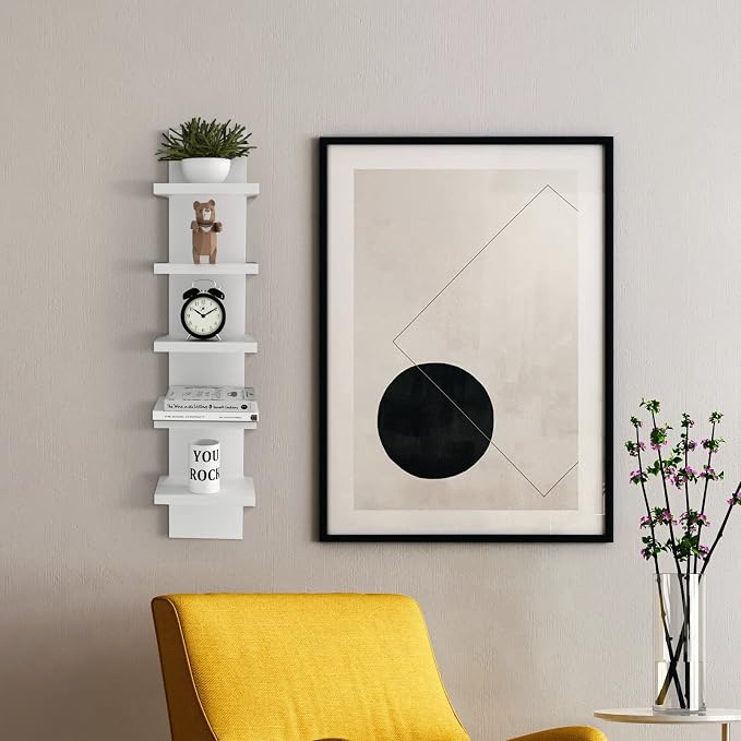 5 Tier Wall Shelf Unit, Small White Vertical Floating Shelf | Mordern Narrow Wall Mounted Shelves, Cute Space-saving Shelf for Bedroom, Bathroom, Living Room and Entryway