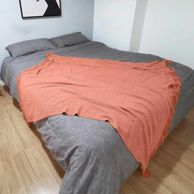 LOMAO Knitted Throw Blanket with Tassels Bubble Textured Lightweight Throws for Couch Cover Home Decor (Coral, 50x60)