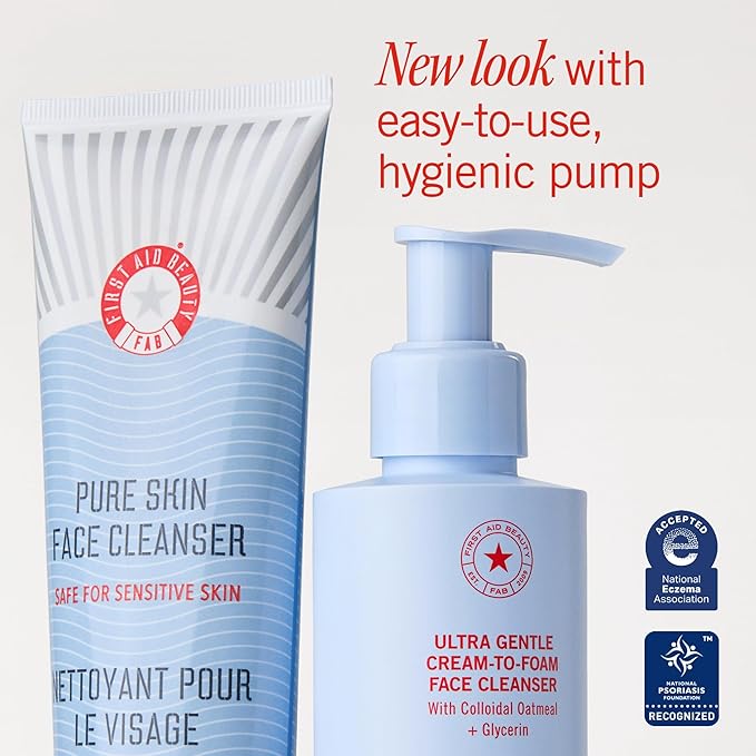 First Aid Beauty Ultra Gentle Cream-to-Foam Pure Facial Cleanser – Makeup Removing Face Cleanser - Face Wash with Colloidal Oatmeal & Glycerin, for Sensitive, Acne & Blemish-Prone Skin, 10 oz