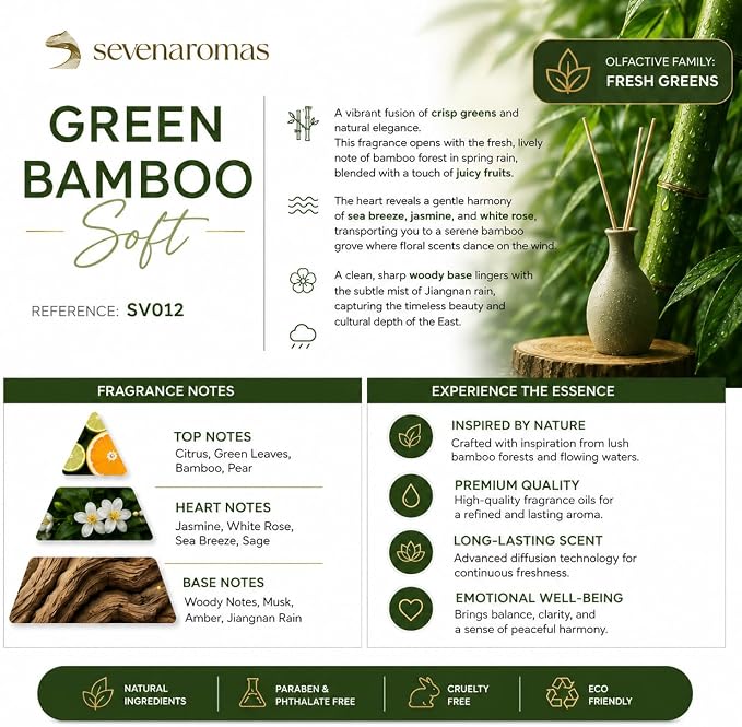 SevenAromas Green Bamboo Soft | 145ml 5oz Hotel Scent Diffuser Oil | Fresh Green | Bamboo, Jasmine & Cedar | Luxury Aromatherapy