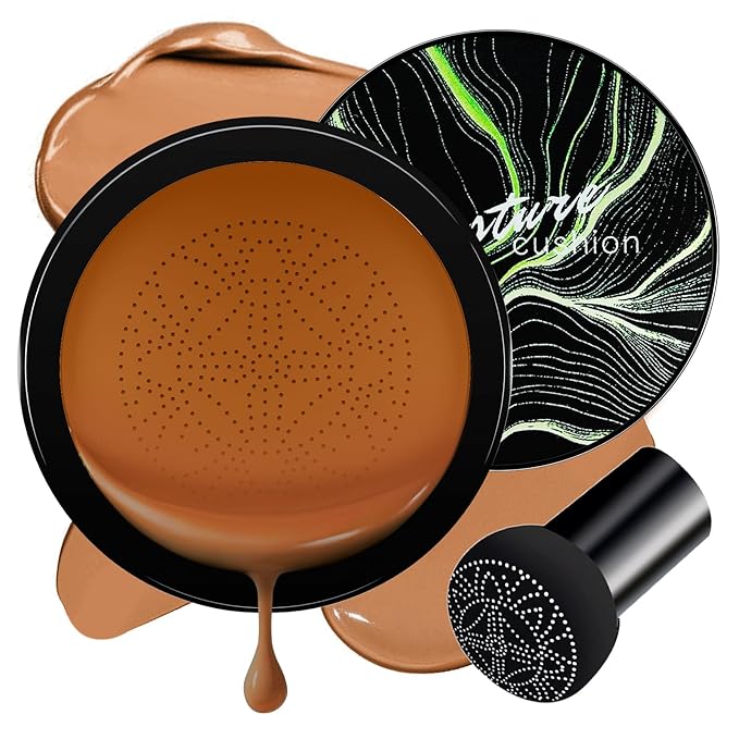 Air Cushion CC Cream Foundation - Mushroom Head BB Cream Face Makeup Moisturizing Concealer Brighten Long-Lasting, Even Skin Tone for All Skin Types (Dark Brown, 1 PCS)