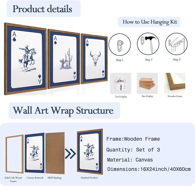Western Wall Art Set of 3, Blue Cowboy Wall Decor Trendy Southwestern Playing Card Longhorn Bull Skull Poster Canvas Aesthetics Prints for Bedroom Living Room 16x24 inch Wood Framed