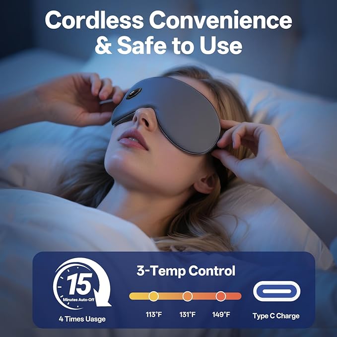 Cordless Heated Eye Mask for Dry Eyes, Electric Warm Compress for Fast Eye Relief, Rechargeable USB Heat Therapy Mask for Sleep, Blepharitis & Stye Treatment