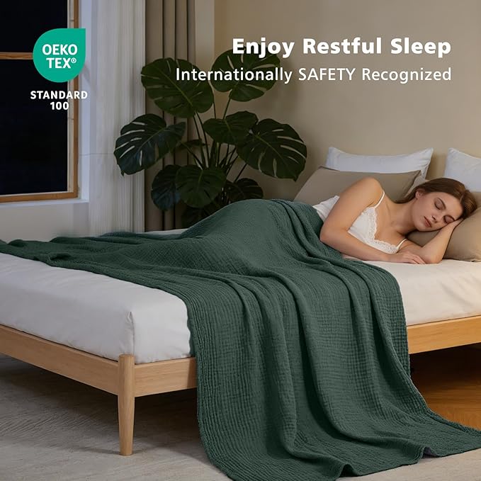 EMME Cotton Muslin Large Throw Blanket Couch Breathable Gauze Soft Lightweight Bed Blankets Adults (Heather Forest Green, 50"x70")