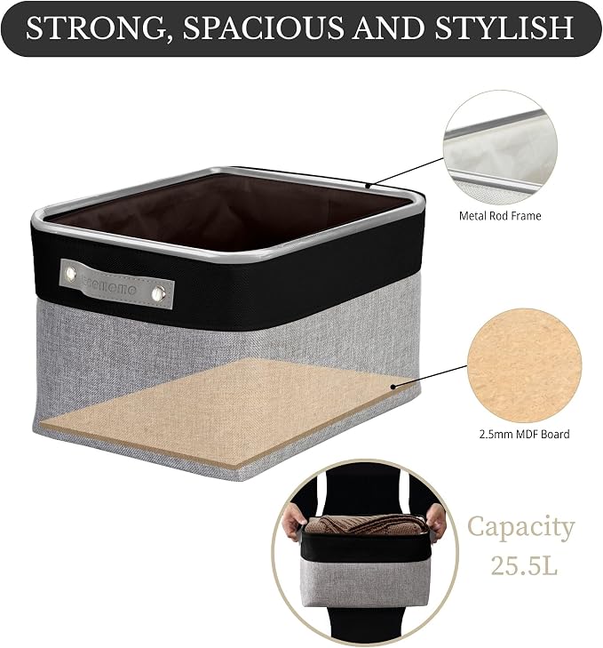 DECOMOMO Storage Bins, Large Fabric Storage Baskets for Shelves 3 Pack | 15 x 11 x 9.5 inches Decorative Linen Closet Organizers (Grey & Black)
