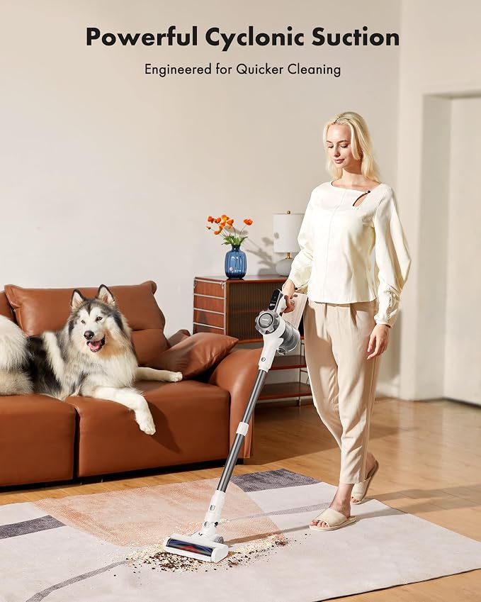 Trucozie Cordless Vacuum Cleaner, 8-in-1 Lightweight Stick Vacuum with 45mins Runtime, Powerful Suction, Green Light & Self-Standing Vacuum Cleaners for Home, Hardwood Floors, Carpet, Pet Hair,White