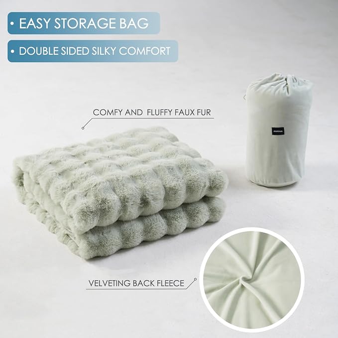 Super Comfort Oversized Warm Thick Bubble Luxury Plush Rabbit Faux Fur Throw Blanket, Fluffy Blanket,Soft Cozy Blanket for Couch Chair Bed Sofa Living Room (Sage Green, 50inX60in)