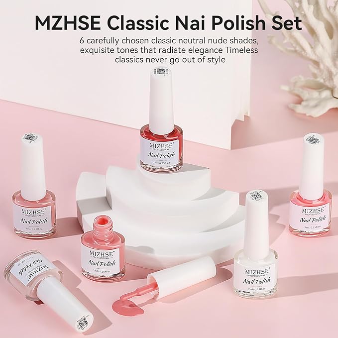 MIZHSE Nail Polish Set: 6 Classic Nude Colors Collection Milky White Nude Pink, Quick Dry Regular Nail Lacquer Fingernail Manicure DIY Nail Art Salon, Valentines Gift for Women Girls
