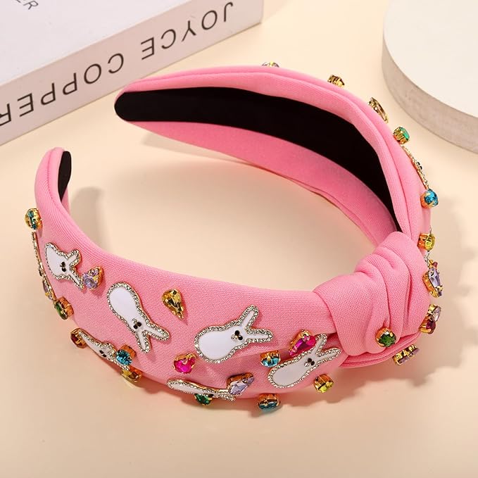 mokkia Easter Headbands Beaded Rabbit Bunny Headband for Women Pink Spring Knotted Headband Easter Hair Accessories Gifts