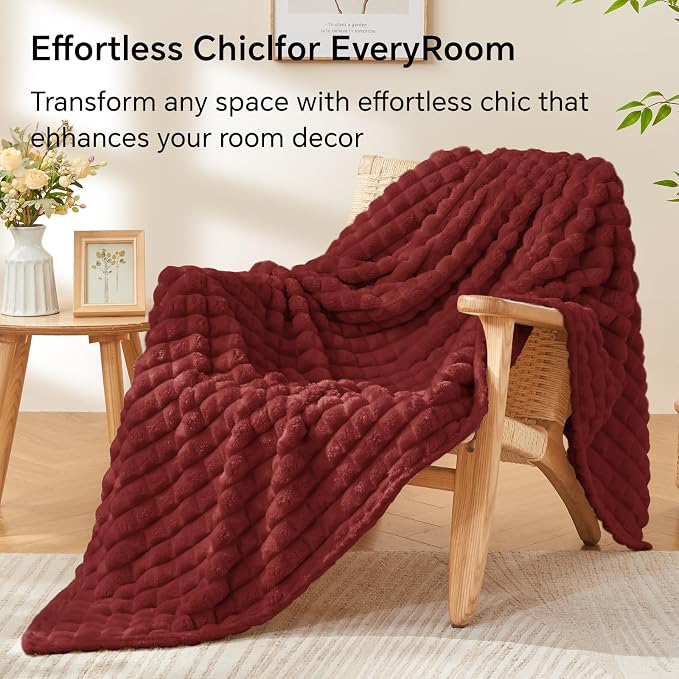BEDELITE 3D Checked Burgundy Fleece Throw Blanket for Couch, 50x60 Inches | Soft Warm Fuzzy Fluffy Blanket for Bed Sofa, Lightweight Plush Cozy Blankets for Home Room Decor, Gift for Women, All Season
