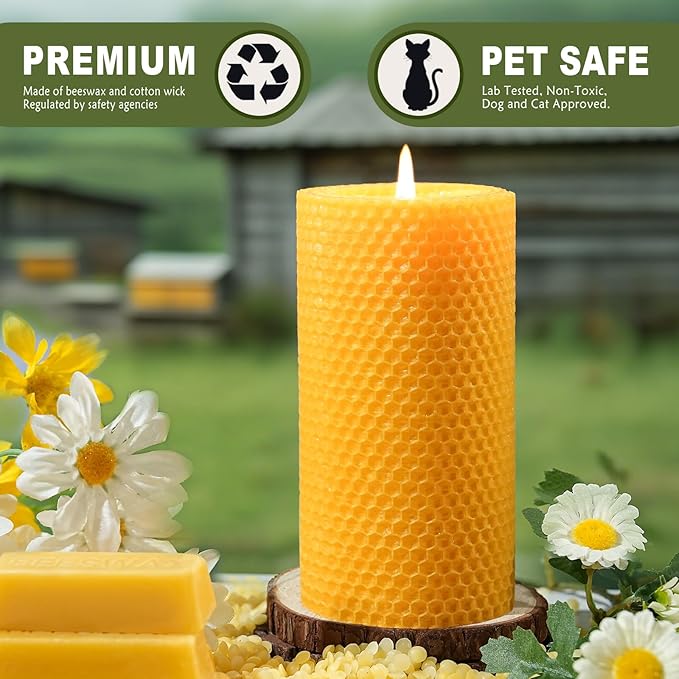 2 Pack Beeswax Pillar Candles, 90 Hours 2.8x6 Inch Hand-Rolled Large Beeswax Pillar Candles, Handcrafted Honeycomb Bees Wax for Home, Candle Lovers (2.8x6 in)