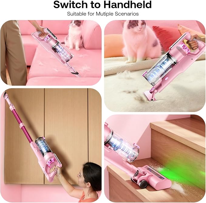 Trucozie Cordless Vacuum Cleaner, Self-Standing Lightweight Stick Vacuum with 50 mins Runtime, Powerful Suction, Anti-Tangle Wireless Vacuum for Home, Hardwood Floor, Carpet, Pet Hair, Pink