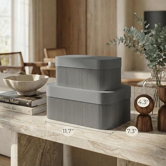 ZICOTO Decorative Storage Boxes with Lids - Set of 2 Beautiful Fluted Photo Organizer Bins for Your Home Bookshelf Decor to Safely Store Your Documents, Memory Box Items and Other Keepsakes in Style