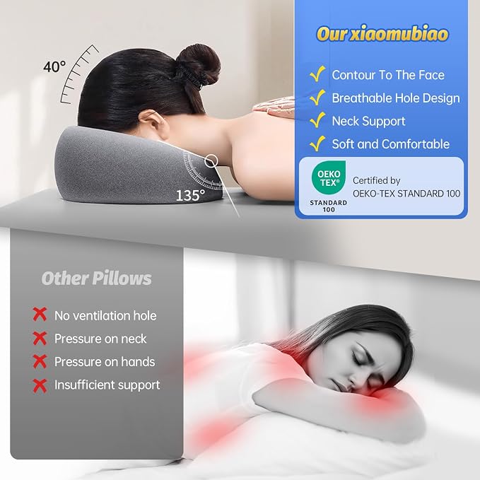xiaomubiao Face Down Pillows for Massage Table, Massage Headrest for Bed, Face Pillow for Stomach Sleeping, BBL Pillow After Surgery Post Eye Surgery & Vitrectomy Recovery, Removable Cover Grey