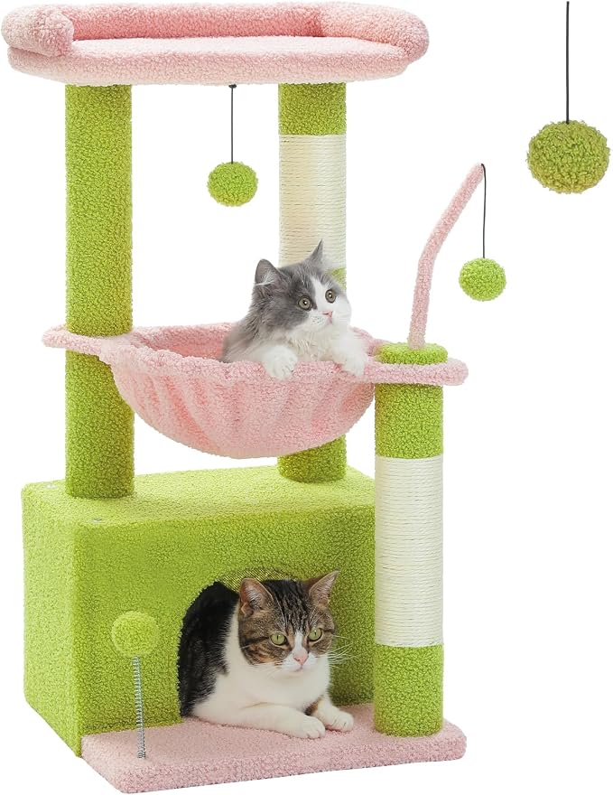 PEQULTI 4-in-1 Cat Tree for Kittens & Small Cats, 33in Pink Tower | Compact 33in cat tower: deep hammock, cozy condo, top perch, sisal post; removable washable cover; wide base for small cats