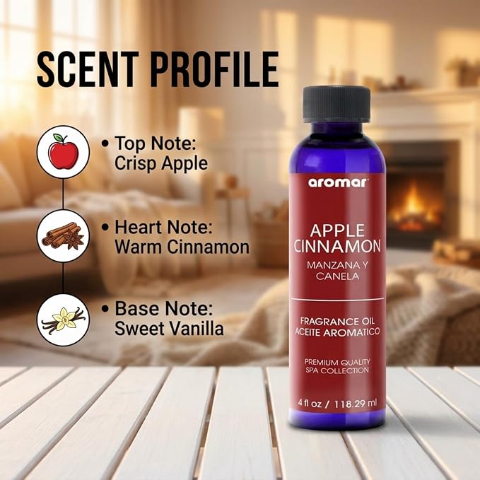 AROMAR Premium Fragrance Oil, Long-Lasting, Refreshing Uplifting Aroma for Aromatherapy, Relaxation & Household Uses, Apple Cinnamon 4 oz.