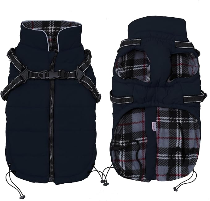 Geyecete Winter Warm Coat Waterproof Dog Jacket with Harness Traction Belt, Pet Outdoor Jacket - Navy - XXL