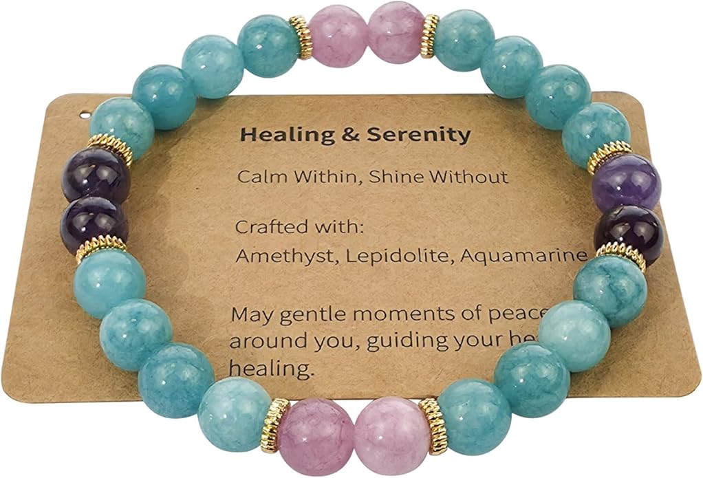 Healing & Serenity Gemstone Bracelet Real Natural Crystal Stretch Bracelet 8mm Amethyst, Lepidolite & Aquamarine Beads for Calm Stress Relief & Emotional Peace