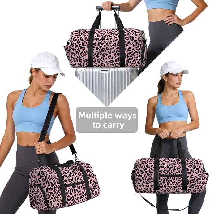 Fiokroo Sports Gym Bag Leopard Print Pink Travel Duffel Bag For Men Women With Shoe Compartment Water Resistant Gym Bag Carry On Duffel Bag For Weekend Traveling Yoga Gym Sports