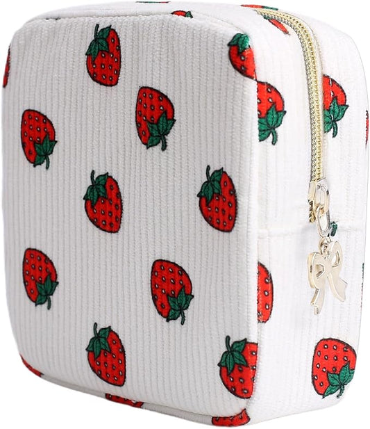 Period Bag for Women, Portable Corduroy Sanitary Napkin Storage Bag Strawberry Period Pouch with Zipper, Sanitary Pads Bag Tampons Holder for Purse, First Period