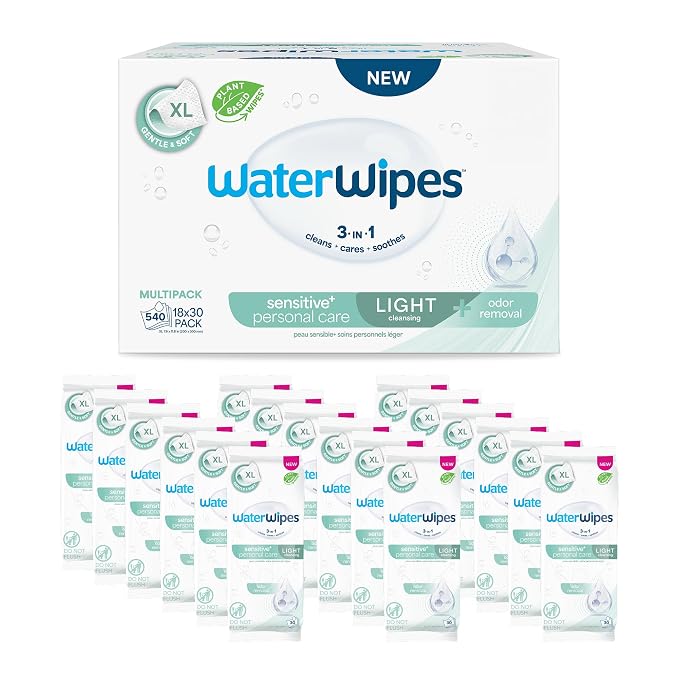 WaterWipes Sensitive Personal Care Light, Incontinence Wipes, Odor Removal, XL Textured Wipes, Fragrance Free, 540 Count (18 Packs)