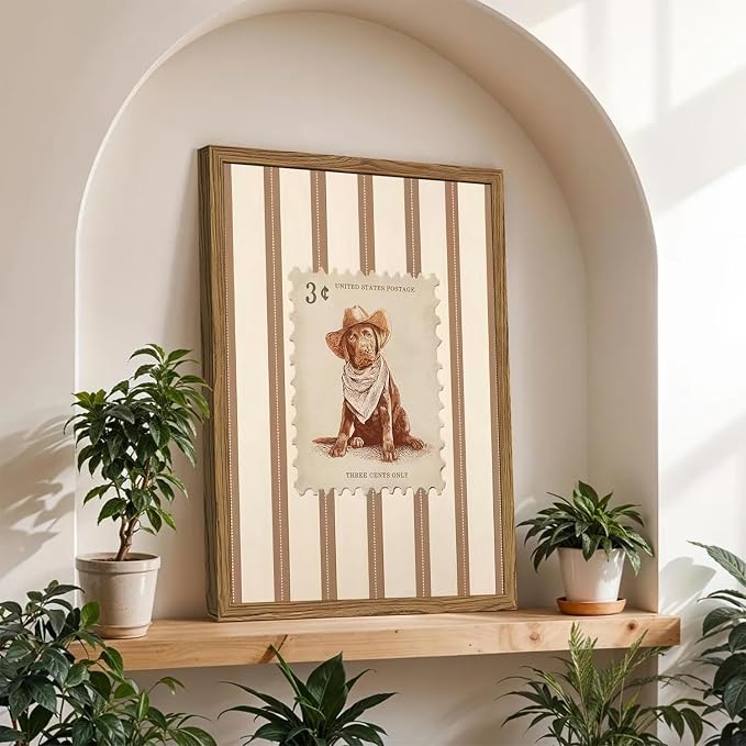 Western Cowboy Dog Wall Art, Vintage Striped Animal Southwestern Wall Decor Pictures Retro Southwest Cowboy Poster Painting Canvas Print for Living Room Bedroom 12x16 Inch Wood Framed
