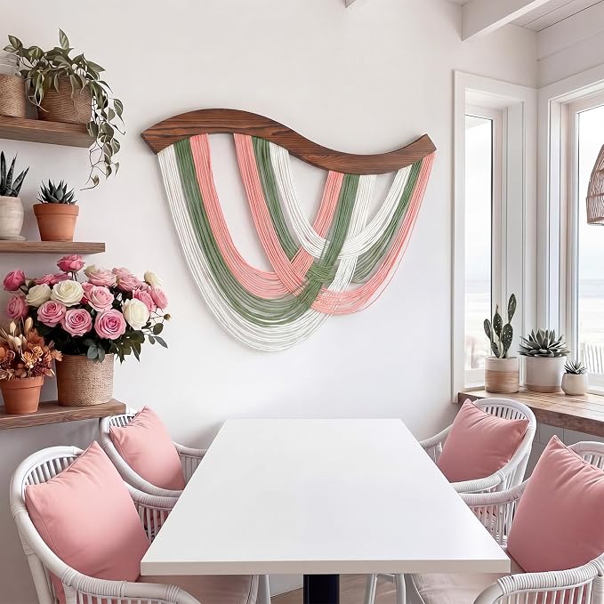 Blush Pink, Sage Green & White Macrame Wall Hanging Dip Dyed Yarn Wall Art | Handmade Cotton Rope Tapestry for Bedroom, Living Room, Nursery, 31.5 x 23.6 Inch