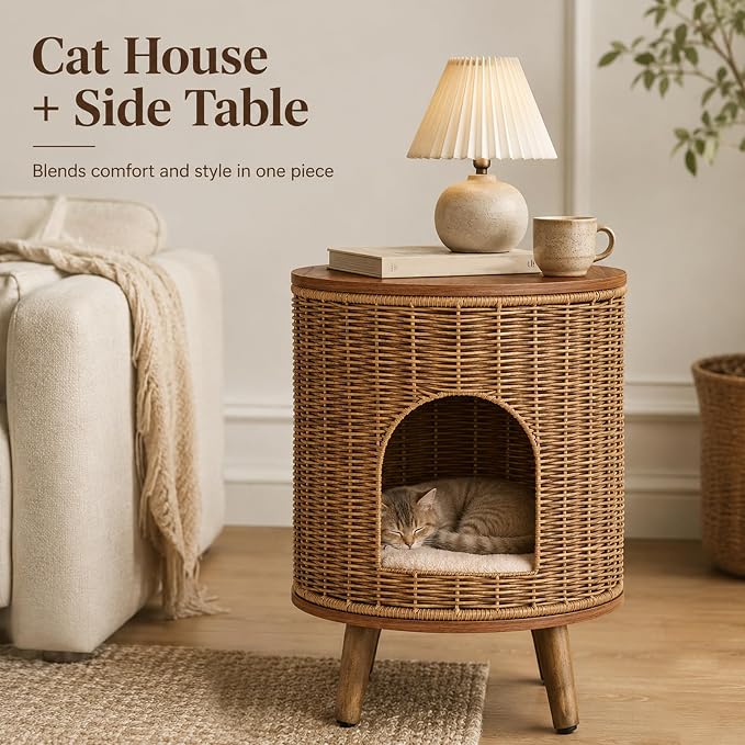 Rattan Cat House End Table, 2-in-1 Cat Bed Side Table, Stylish Pet Furniture for Indoor Cats in Living Room and Bedroom (Brown, 15.7”L x 15.7”W x 22”H)