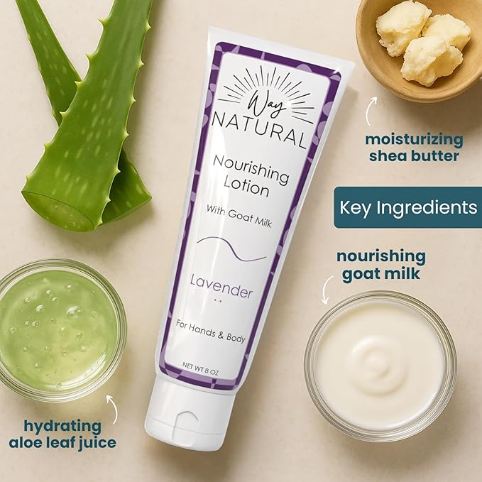 Nourishing Goat Milk Lotion, Lavender (8oz) - Natural Hand & Body Lavender Lotion for Dry Skin Relief, USA Made - Goat Milk Hand Cream for Women & Men - w/Shea Butter & Aloe