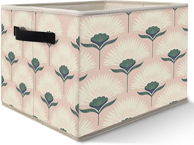Retro Pink Floral Storage Bins Basket, Mid Century Modern Art Nouveau Collapsible Fabric Storage Box Organizer Toybox for Bedroom Bathroom Clothes Books Toys