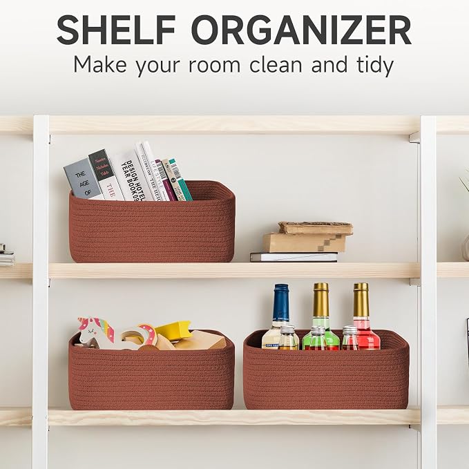 3 Pack Small Storage Baskets for Organizing, 11.8×7.8×5.1", Oxide Red | Woven Baskets for shelves, Cotton Rope Basket for Gifts Empty, Closet Organizer Bins with Handles, Cube Decorative Box