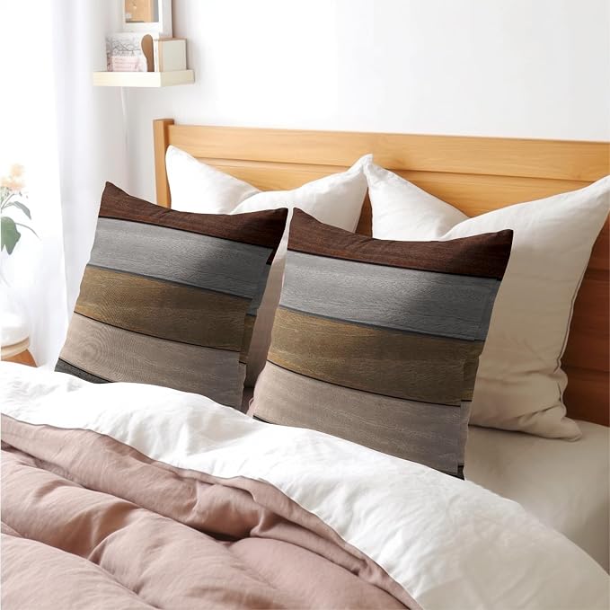 Kawani Grey Brown Wooden Pillow Covers 22x22 Inches Rustic Wood Grain Cotton Linen Square Pillow Cushion Cases for Bed Sofa Patio Porch Home Decor Housewarming Gifts Set of 2