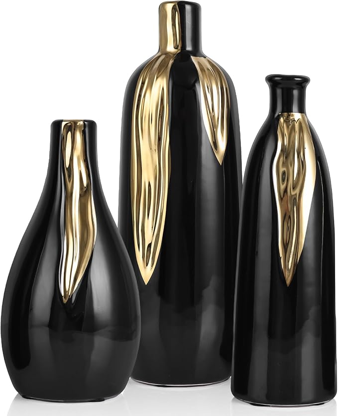 Black and Gold Vase Set of 3, Modern Ceramic Decorative Vases for Living Room, Bedroom, Art Decor, Mantle, Home Event Decor, Office Decorative, Weddings, Rustic & Farmhouse (Black Gold)
