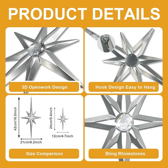 sxnzequnze 4 Pcs Star Wall Art for Home Decor Living Room Bedroom Office Metal 3D,Bling,with Hanging Hook Starburst Midcentury Sculpture Retro Gallery Accent Celestial -Silver 16.5in/9.4in