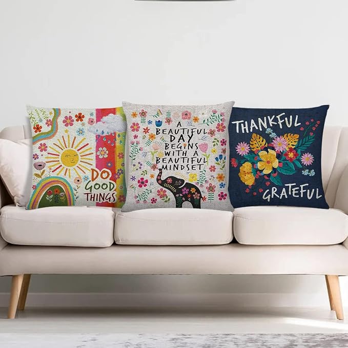 Littlefa Elephant Throw Pillow Cover Motivational Decorative Pillow Case | A Beautiful Day Begins with A Beautiful Mindset, Elephant Colorful Pillow Cover for Girls Counseling Office, 18×18 In