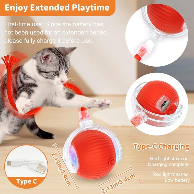 Cat Toys for Indoor Cats Smart Automatic Bal Moving Chase Dogs Toy, Red | Ball Rolling for Bored Kitten Pet, Upgraded Speedy Moving Chase Dogs Toy