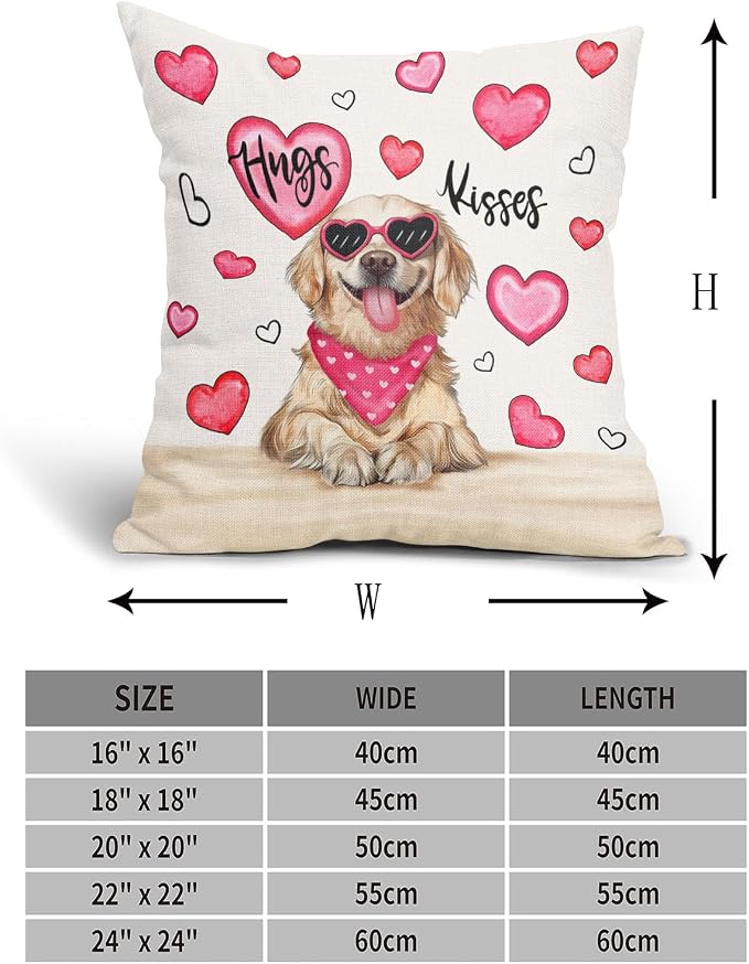 Valentine's Day Dog Pillow Covers 24X24 Inch Set of 2 Golden Retriever Hugs Kisses Pink Heart Decorative Pillow Cases Anniversary Wedding Cushion Case Valentine Party Home Decor for Sofa Couch