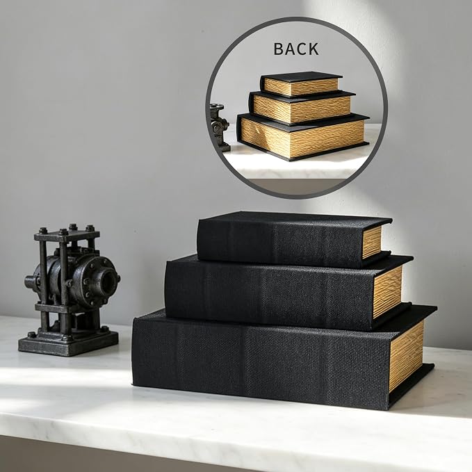 Jolitac Decorative Book Boxes, Faux Linen & Wood, Set of 3 | Stackable hidden storage containers, handcrafted, for coffee table, shelf decor, remotes & jewelry
