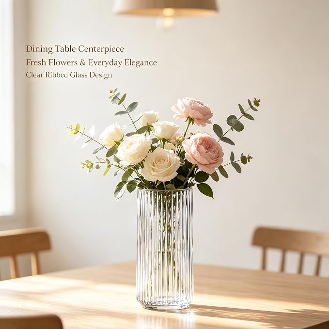Clear Glass Flower Vase for Pampas Grass, 10 inch Medium Decorative Centerpiece Ribbed Vase for Dining Table, Office Desktop, Shelf Bookshelf, Mantel, Entryway, Bathroom, Countertop, Farmhouse, Gift