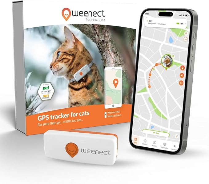 Weenect Cat XS - GPS Tracker for Cats | Real-time GPS Tracking | Smallest Model on the Market | Operates with a Subscription | Collar Included