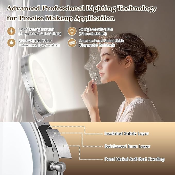 VESAUR 11" Large and 17" Tall Lighted Makeup Mirror, Double Sided 1X 10X Magnifying 3 Colors with Lights, Brightness Adjustable 360° Rotation Cosmetic Light up Mirror, Luxury Nickel