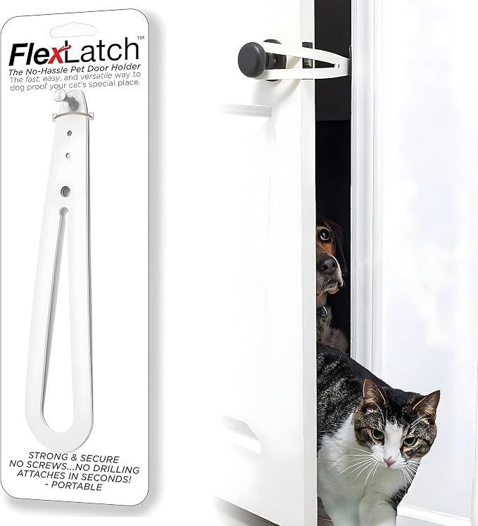 FlexLatch Cat Door Holder Latch - Bright White Cat Door Alternative Installs Fast Flex Latch Strap Let's Cats in and Keeps Dogs Out of Litter & Food. Safe Baby Proof One Piece No Measuring Extra Easy