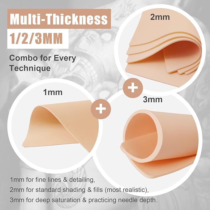 Tattoo Practice Skin Sheets, 8x6 Inch Fake Skin 15-Pack with 1mm/2mm/3mm Thickness - Realistic Feel Reusable Silicone for Tattoo Training, Beginners & Professional Artists